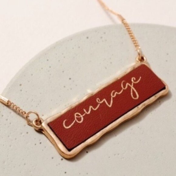 Jewelry - Courage Bar Charm Necklace Faux Leather Gold New Layering Brown Nickel Free